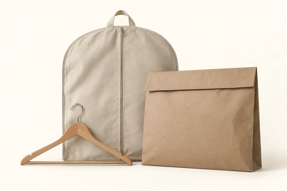 A garment bag, a wooden hanger and a folded paper mailer.
