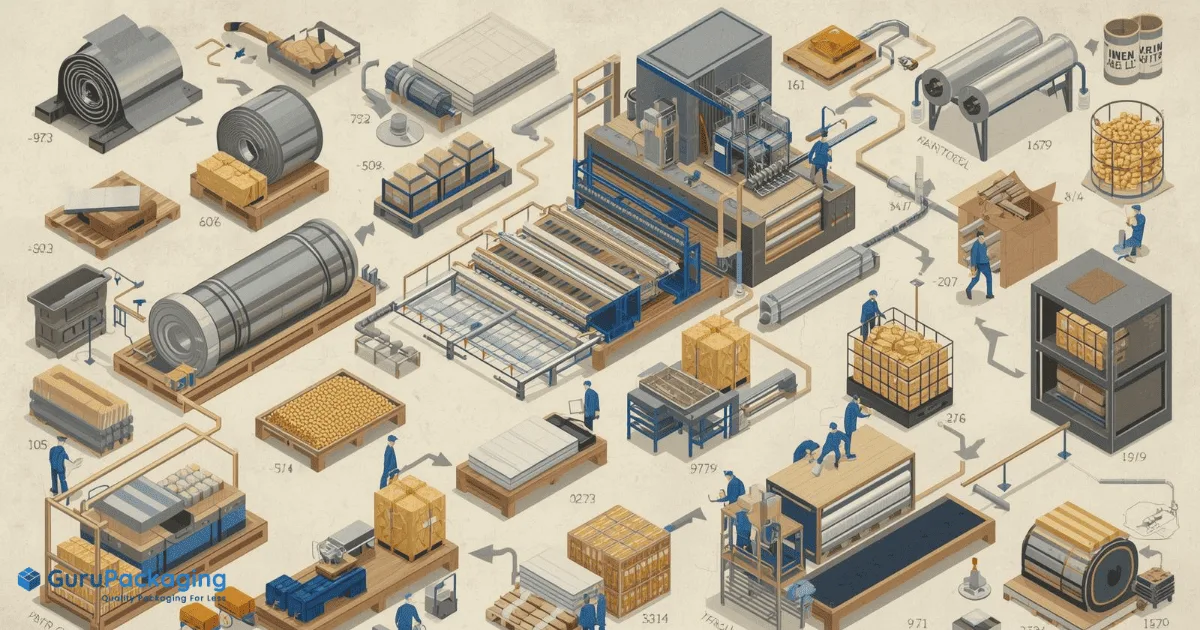 An illustrated packaging production line, from raw rolls through printing and cutting to finished boxes.