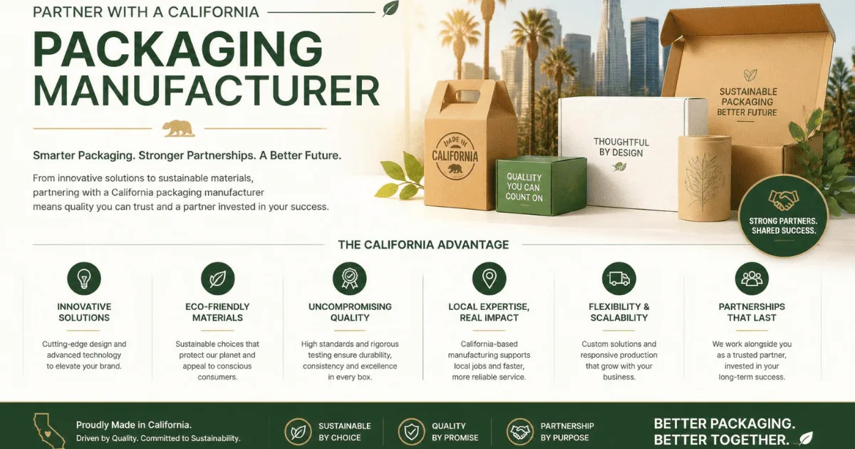 A graphic headed 'Partner with a California packaging manufacturer', with paper bags, boxes and sustainable packaging.