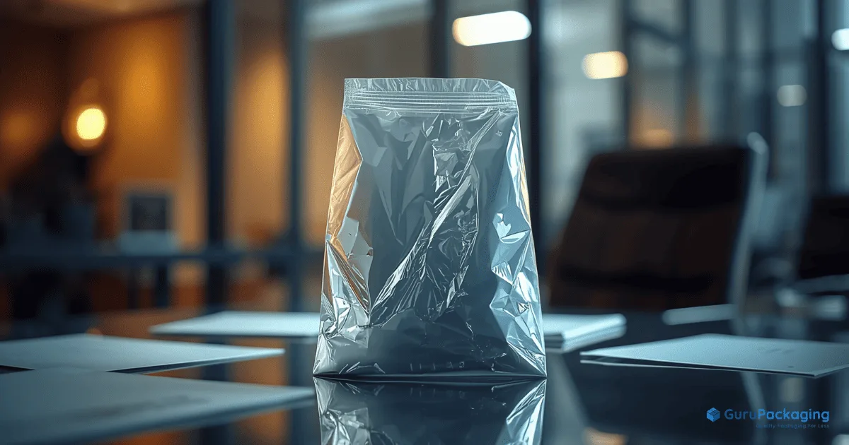 A clear poly bag standing on a table in an office.
