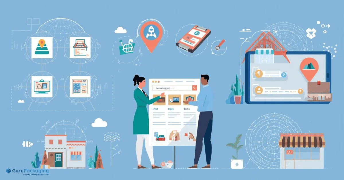 An illustration of local search, with map pins, storefronts and a laptop.