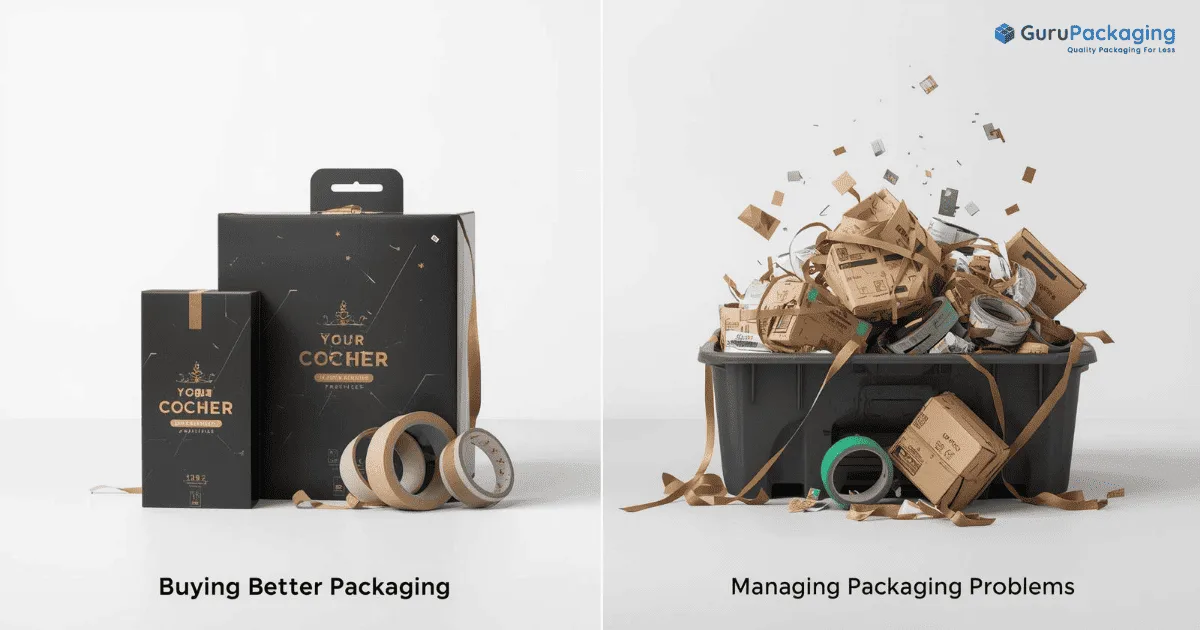 Two panels comparing a premium black gift box with a bin of damaged packaging.
