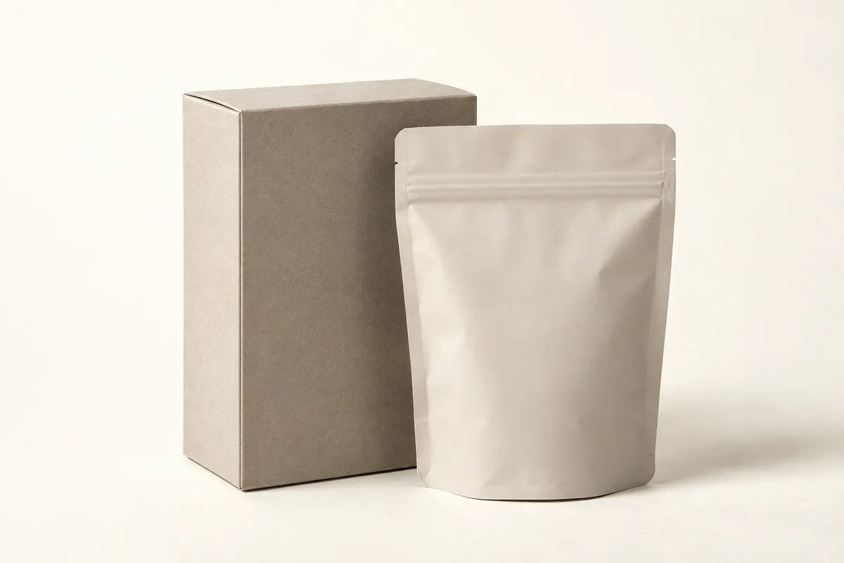 A rigid box and a matte flexible pouch for a premium product.
