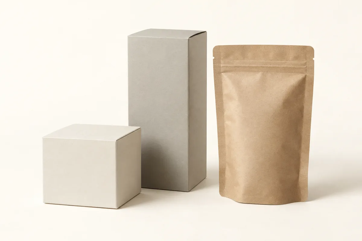 A rigid box, a folding carton and a flexible pouch for a beauty product.
