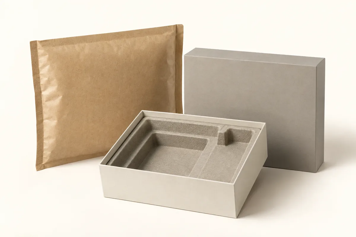 A rigid box with a molded insert and a padded mailer.