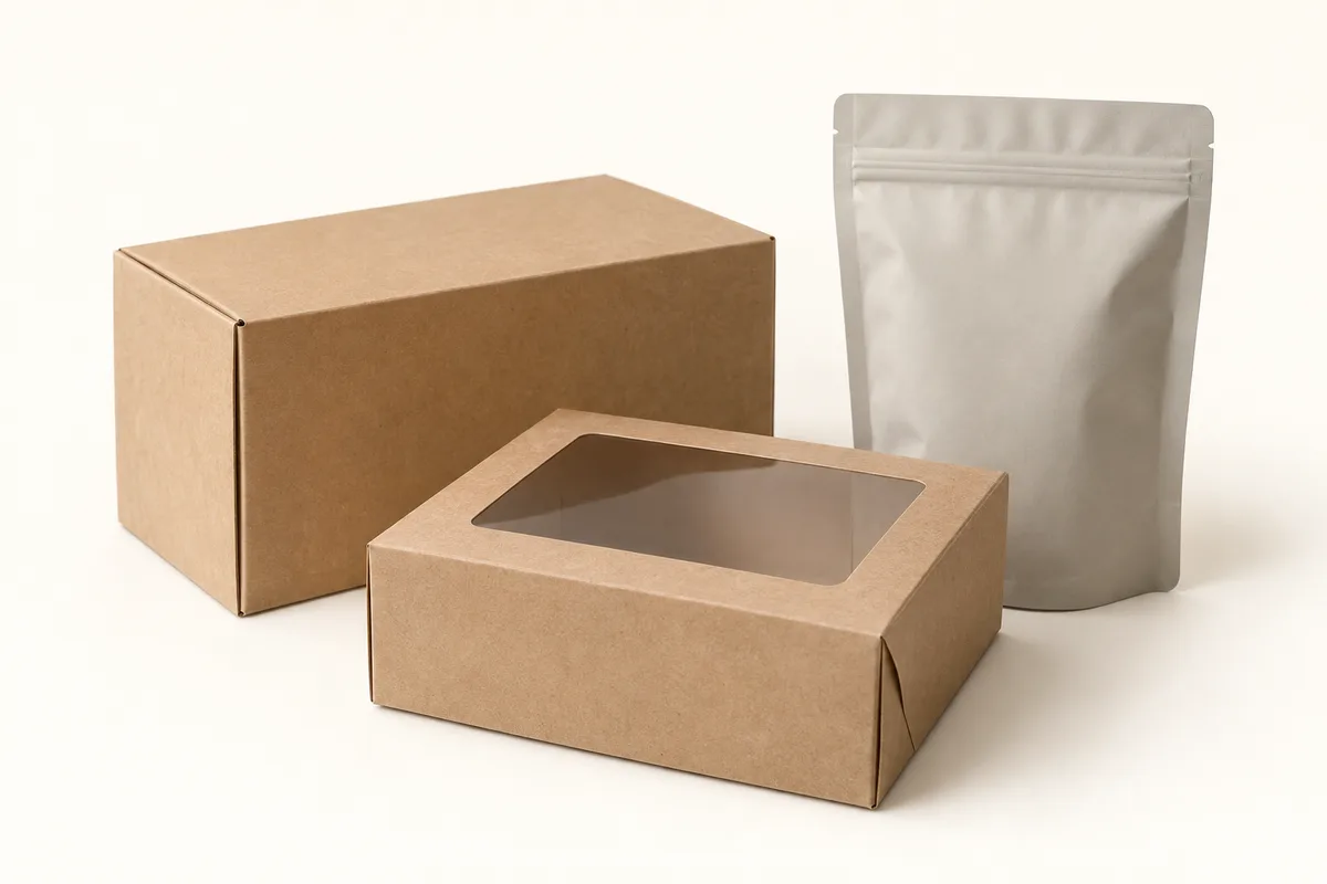 A kraft food box, a windowed bakery box and a flexible pouch.