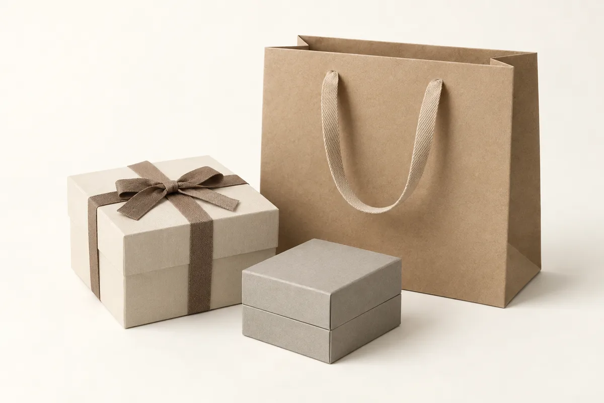 A small rigid jewelry box, a gift box and a paper bag.