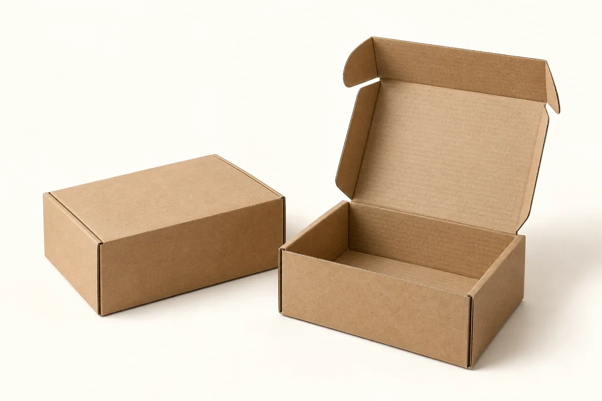 Kraft brown folding boxes, one open, showing the corrugated texture.