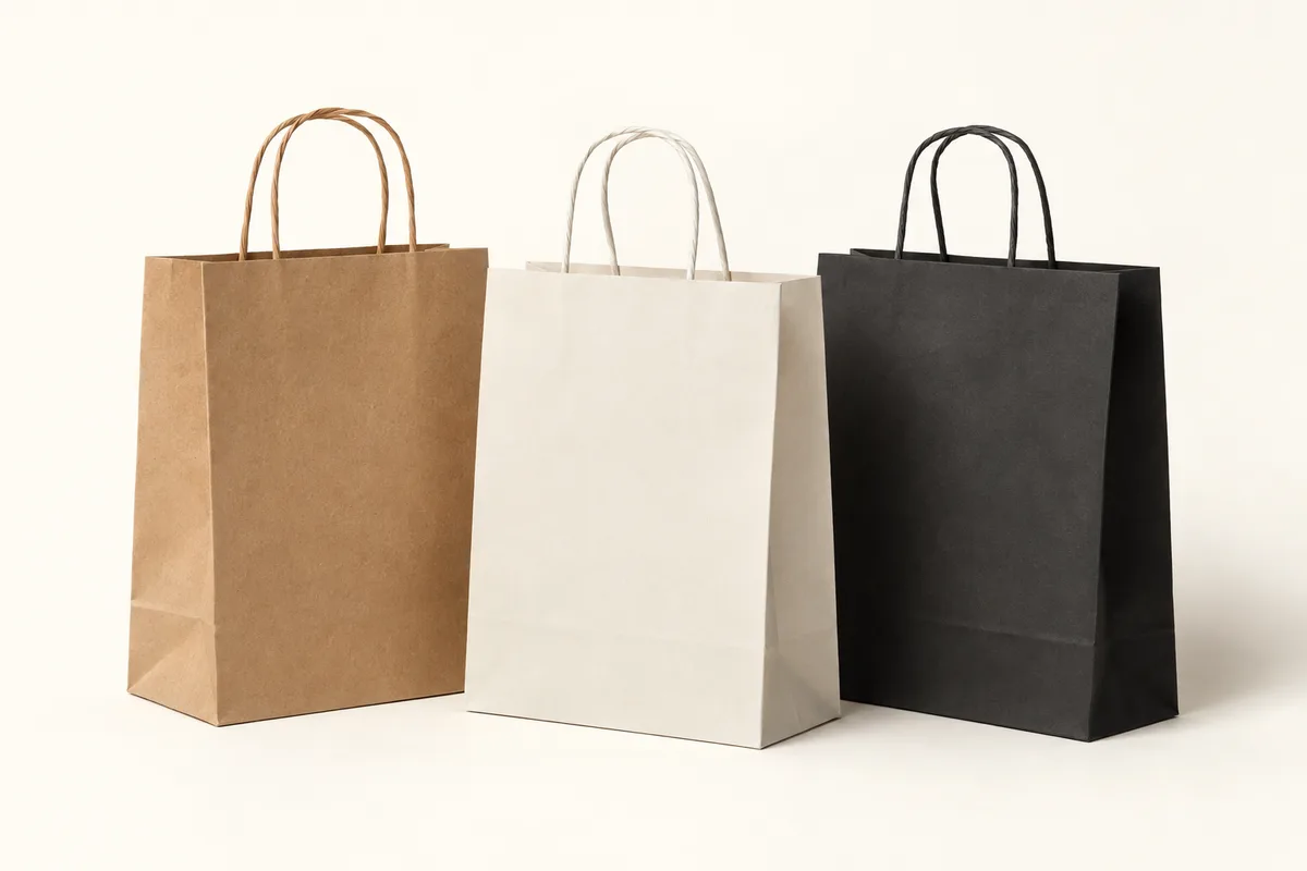 Three paper shopping bags with twisted paper handles in kraft and cream.