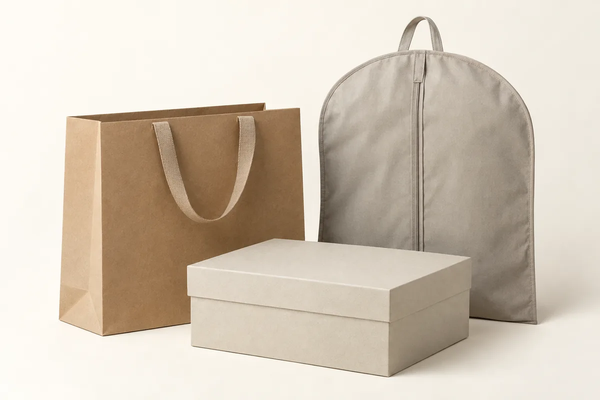 A retail shopping bag, a rigid box and a garment bag.