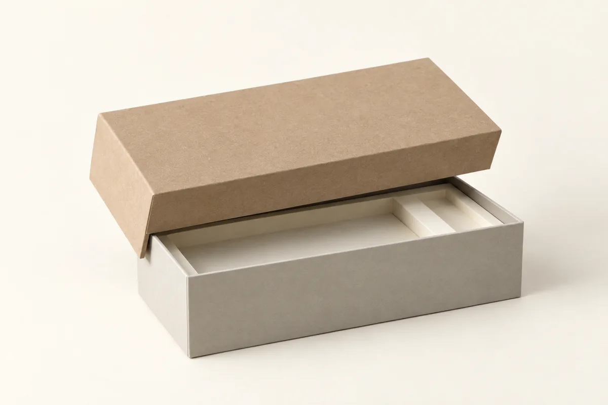 A rigid setup box with its lid lifted, showing a cream interior insert.
