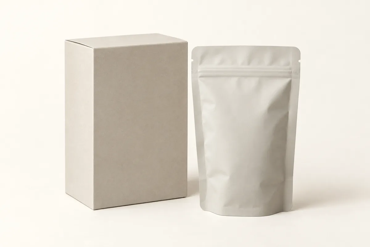 A rigid box and a stand-up flexible pouch for a supplement.